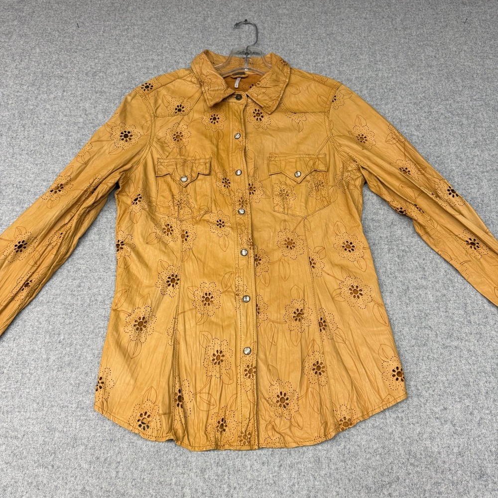 Free People Leather Shirt Small Mustard Tan Floral Eyelet Western Snap Top